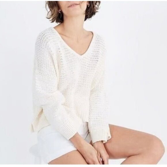 Madewell Breezeway Pullover Ivory Knit V-Neck Cropped Sweater Womens Medium - Picture 14 of 14